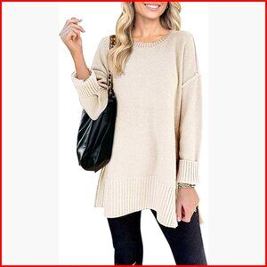 Oversized Pullover Sweater Loose Crew Neck Long Sleeve Side Split Tunic